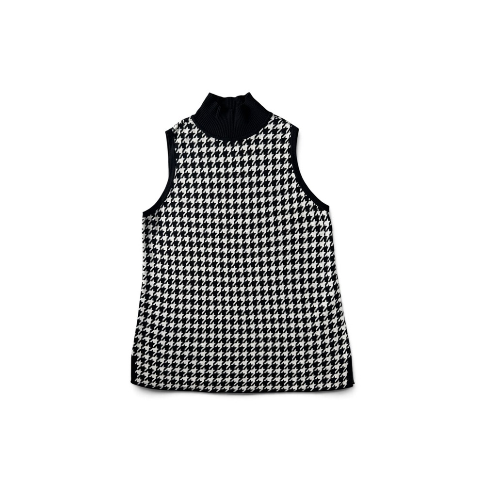 Chicos Houndstooth Sleeveless Sweater Mock Neck Black White Size 1 Medium